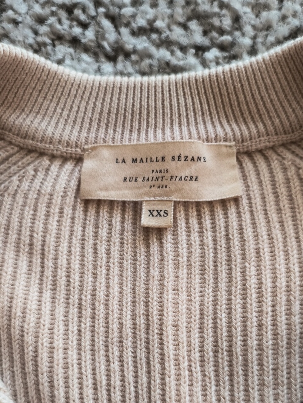 Beige Sezane Ribbed Merino Wool and Cotton  Crewneck Cardigan, XXS